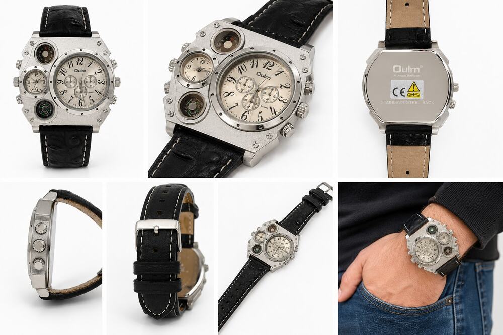 Oulm Men’s Multi-Dial Quartz Watch Silver Tone Black Leather Band